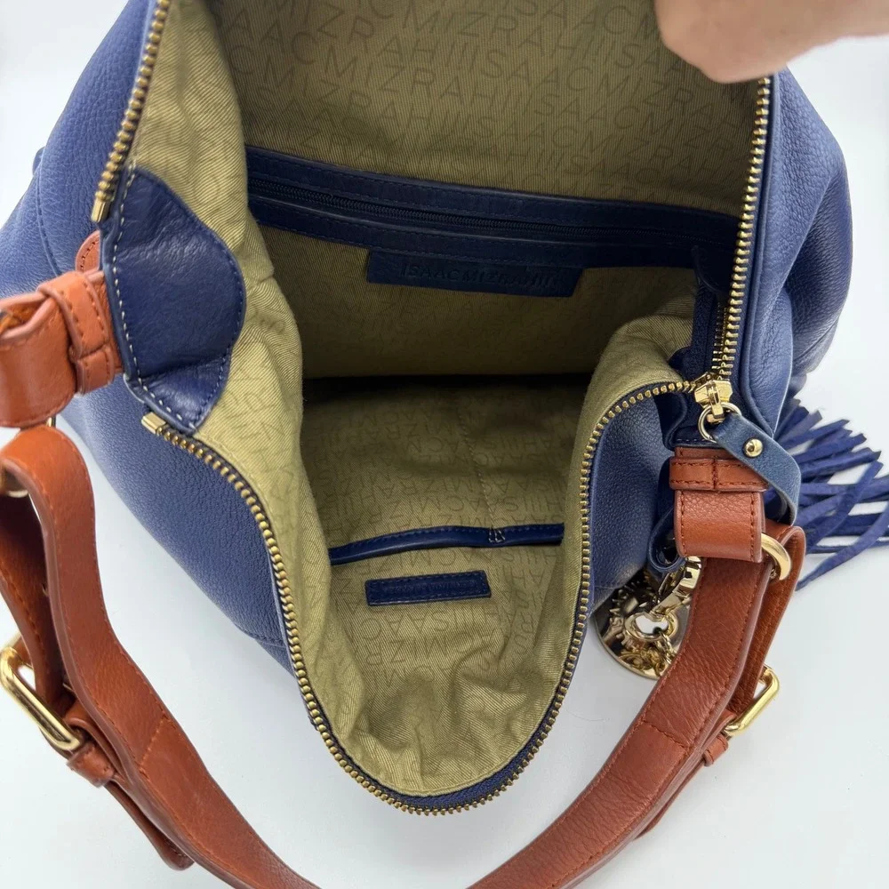 Isaac Mizrahi‎ Hobo Bag Womens Navy Blue Pebbled Leather Tassel Gold Hardware